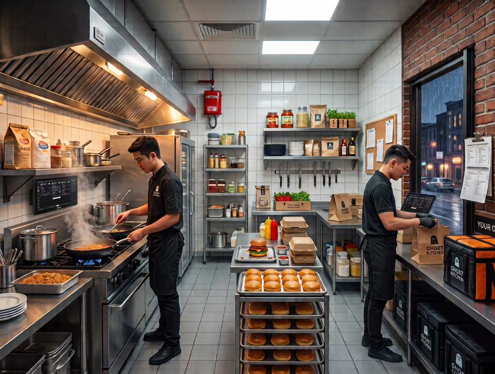 Ghost kitchen team working an eatOS order queue